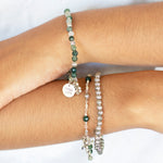 "Believe" Charm with LH Scroll Leaf Clover Moss Agate 4mm Wire-Wrapped Bracelet