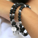 "Peace & Love" Charm with LH Scroll Peace Sign Matte Black Onyx 6mm Stretch Bracelet