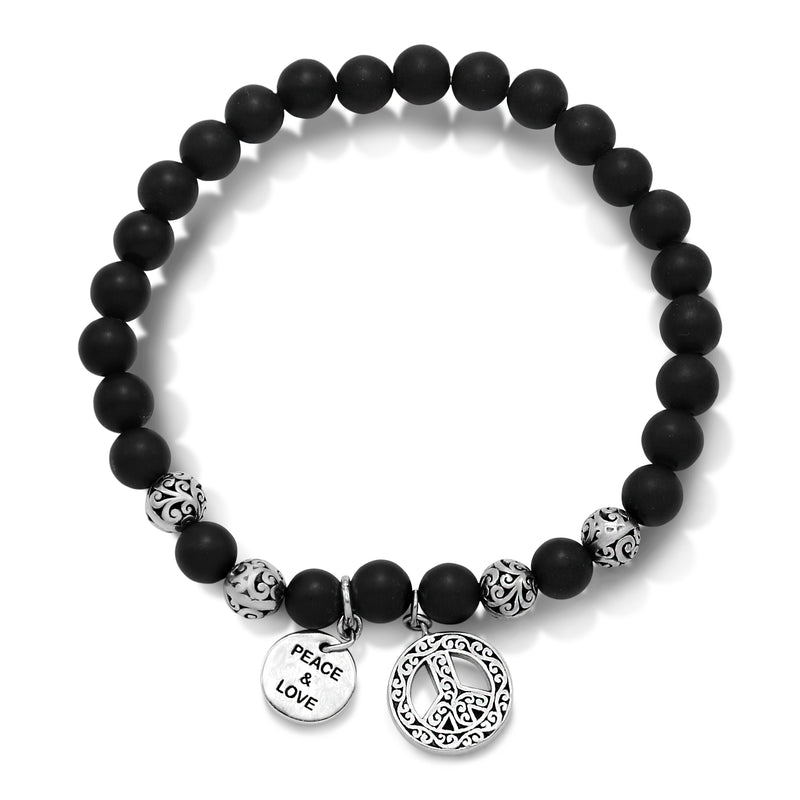 "Peace & Love" Charm with LH Scroll Peace Sign Matte Black Onyx 6mm Stretch Bracelet