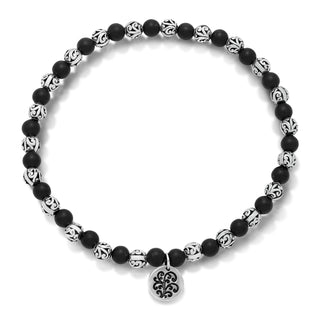 LH Scroll Bead with Matte Black Onyx Smooth Bead 4mm Alternate Stretch Bracelet