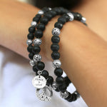 LH Scroll Bead with Faceted Matte Black Onyx 4mm Stretch Bracelet