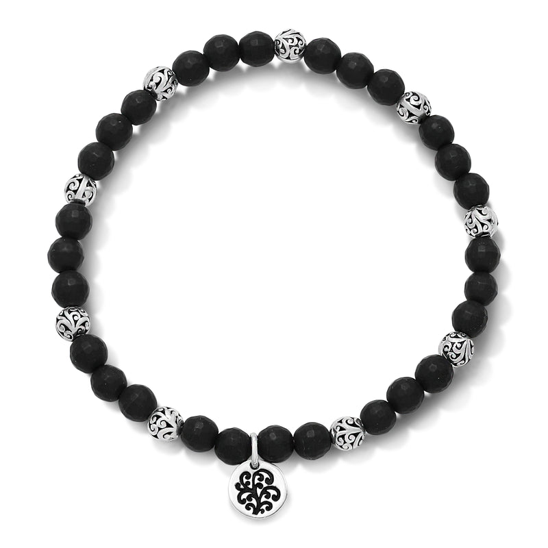 LH Scroll Bead with Faceted Matte Black Onyx 4mm Stretch Bracelet