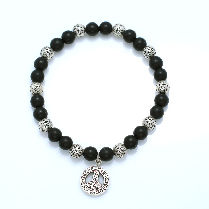 Matte Black Onyx Bead with Peace Sign Scroll Stretch Bracelet