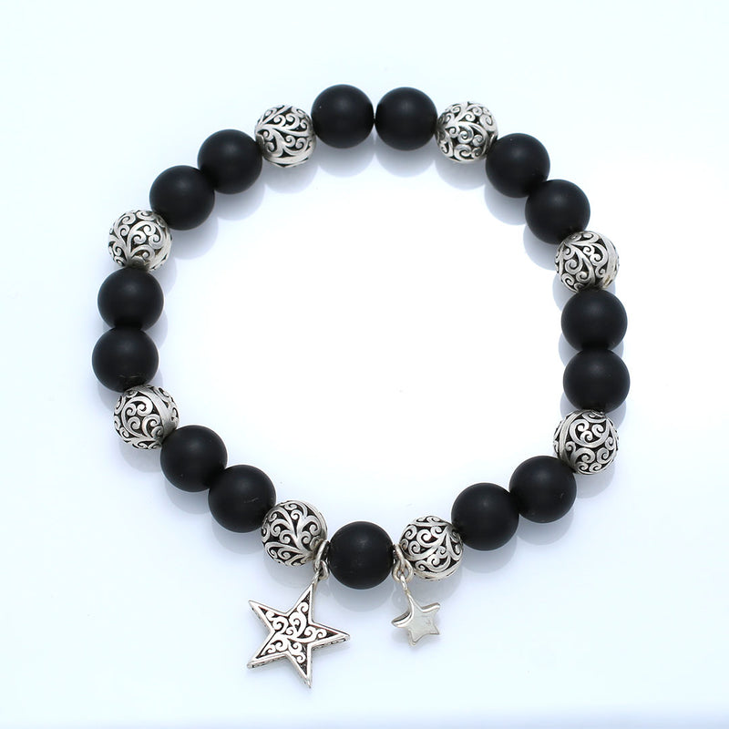 Matte Black Onyx Bead with Double Star Scroll Stretch Bracelet