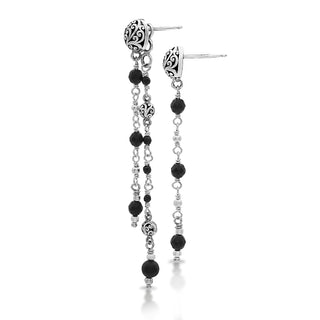 LH Scroll Bead with Matte Black Onyx 2mm & 4mm Wire-Wrapped Waterfall Stud Earrings