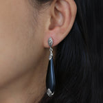 Long Teardrop Matte Black Onyx with LH Scroll Accent Marquise Top Earrings