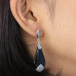 Wide Teardrop Matte Black Onyx with LH Scroll Accent Marquise Top Earrings