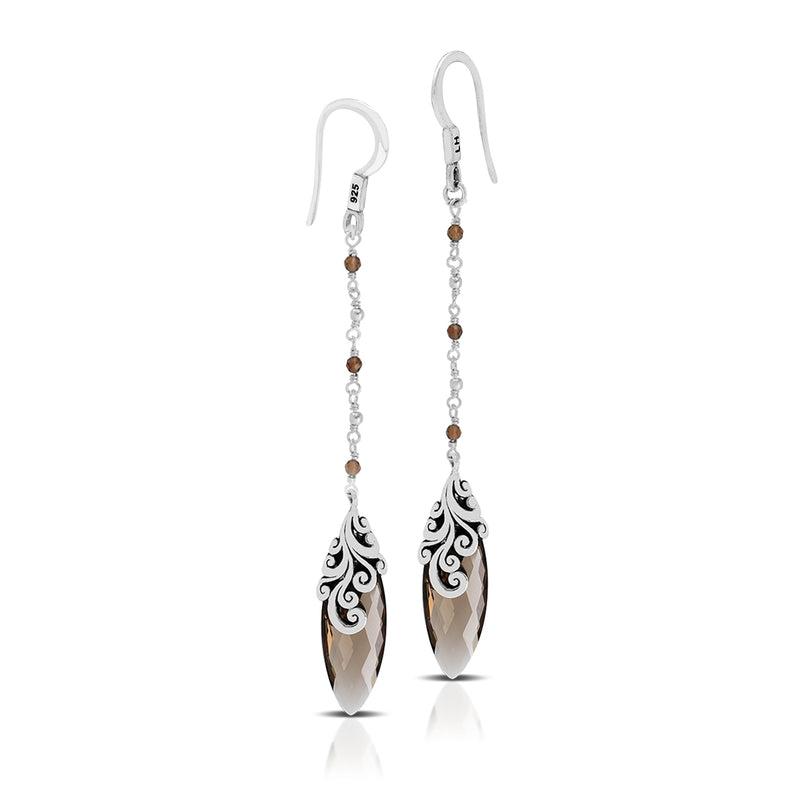 Smoky Quartz Marquise With Scroll Petal Huggie Fishook Earring