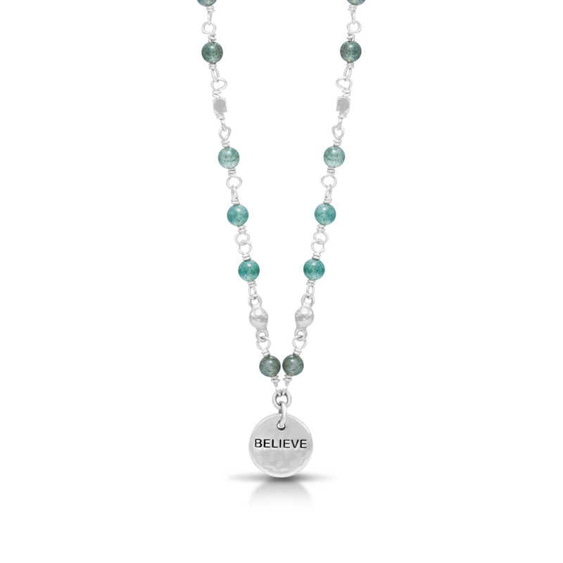 "Believe" Charm LH Scroll  with Moss Agate 4mm Wire-Wrapped Necklace