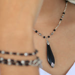 Long Teardrop Matte Black Onyx 4mm with LH Scroll Accent Wire-Wrapped Necklace