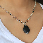 Large Teardrop Matte Black Onyx 2mm with LH Scroll Accent Double Layer Wire-Wrapped Necklace