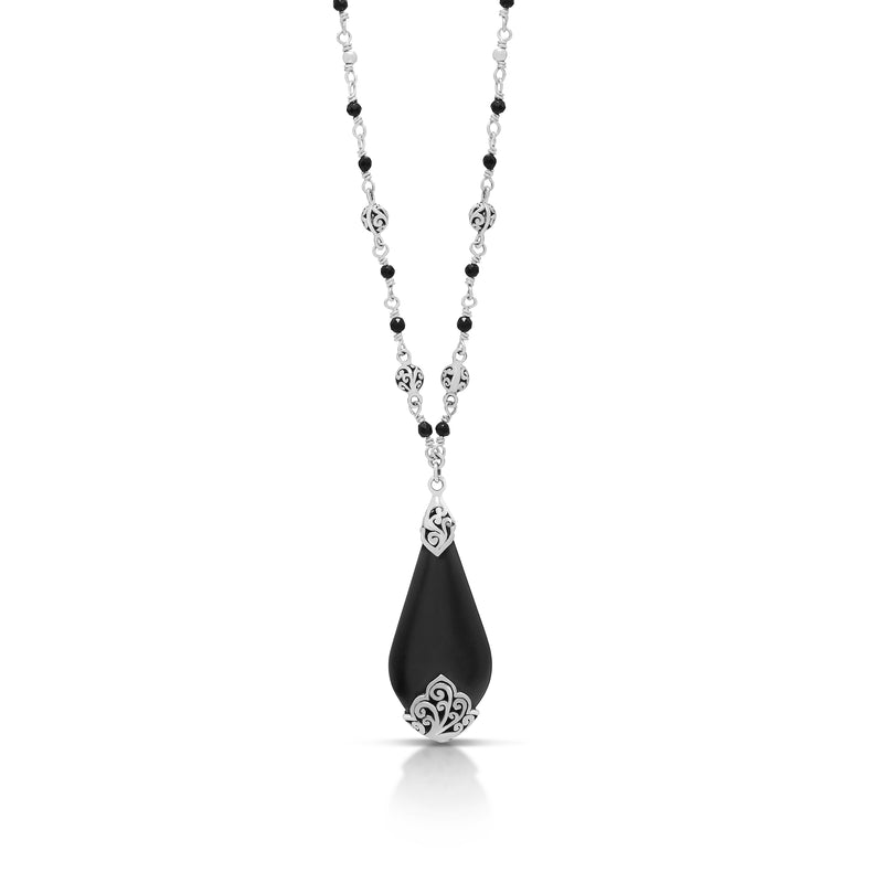Teardrop Matte Black Onyx 2mm with LH Scroll Accent Wire-Wrapped Necklace