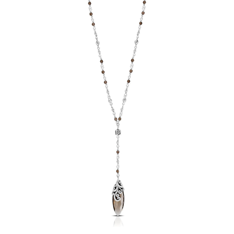 Smoky Quartz & LH Scroll Beads With Marquise Drop Pendant Lariat Necklace (17"-20")