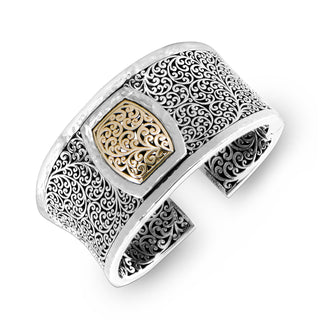 14K Gold Square Stylized LH Scroll Sterling Silver Cuff