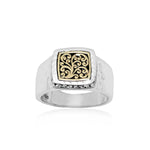 18K Gold LH Scroll Two Tone Signet Ring