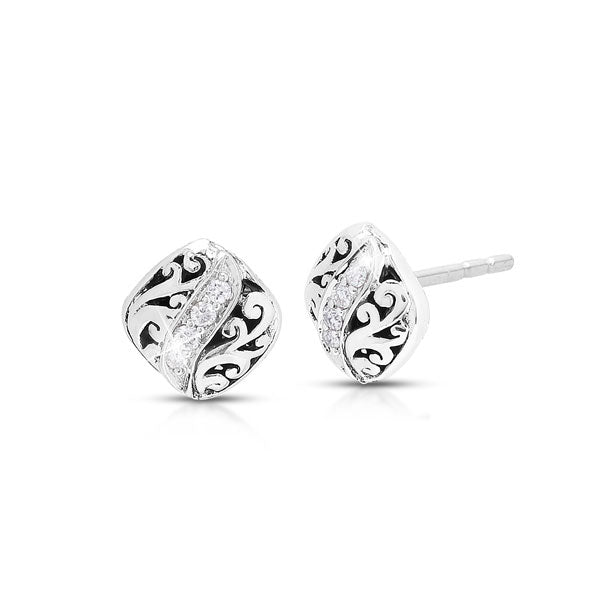 Small Classic Signature Scroll Cushion with White Diamond Accent Post Earrings