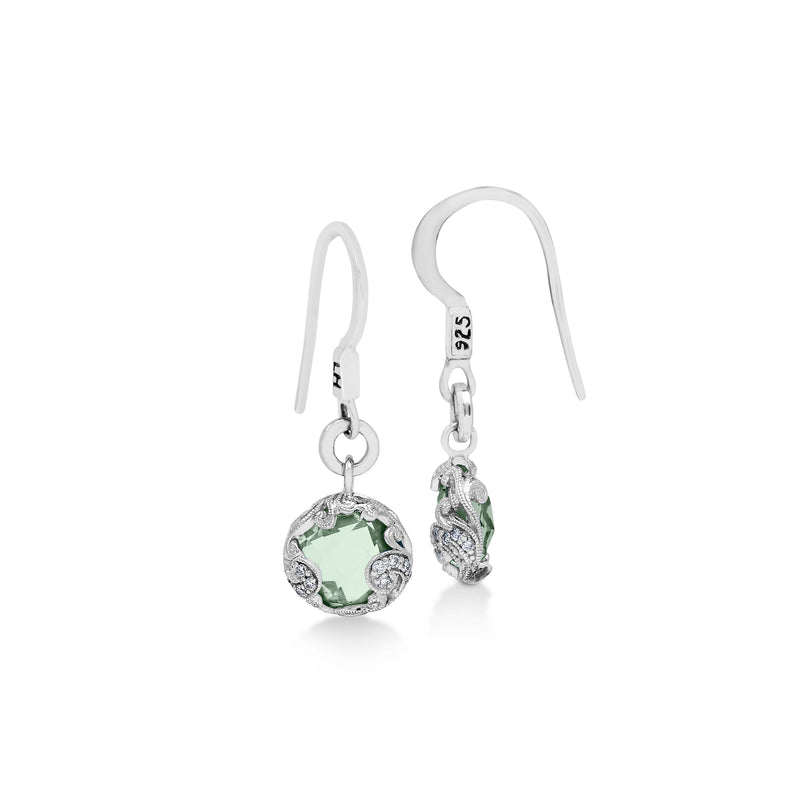 White Diamond & Green Amethyst with Signature Scroll Round Fishook Earrings