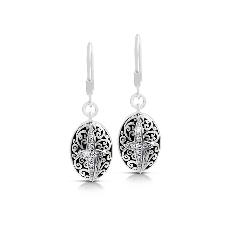 White Diamond Star Bright with Oval LH Scroll Drop Earrings