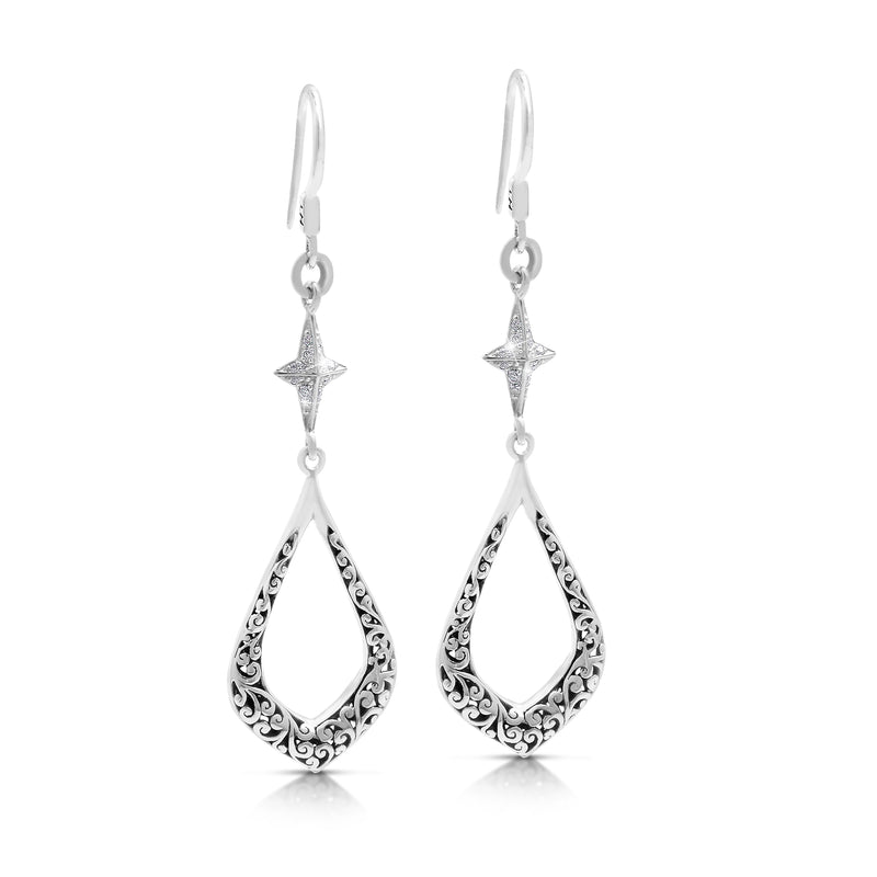 White Diamond Star Bright with Open LH Scroll Drop Earrings
