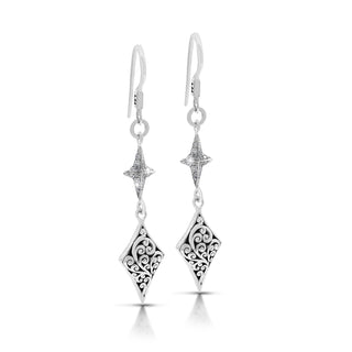 White Diamond Star Bright with LH Scroll Diamond Shaped Drop Earrings