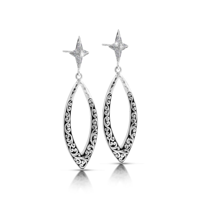 White Diamond Star Bright Post with Open LH Scroll Marquise Earrings