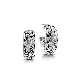 White Diamond Star Bright Accent on LH Scroll Small Hoop Earrings