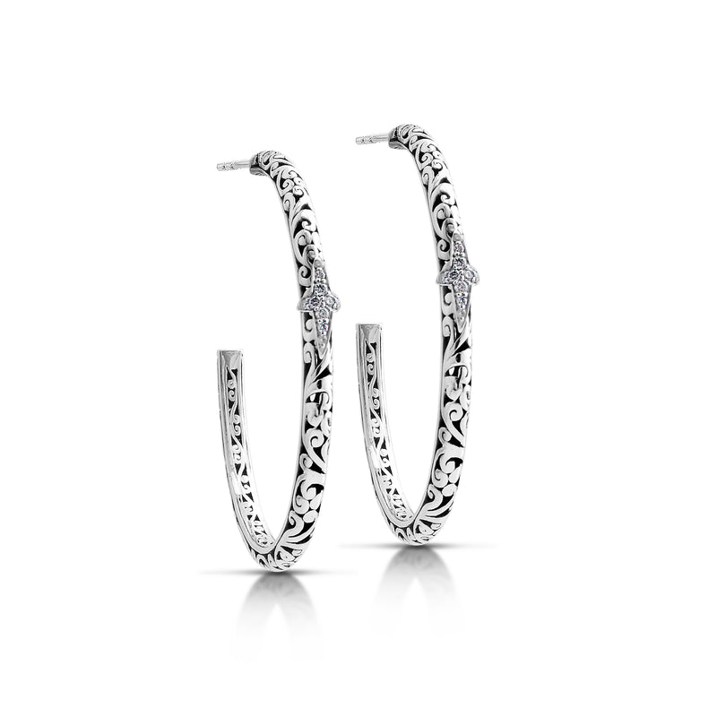White Diamond Star Bright Accent on LH Scroll Hoop Earrings