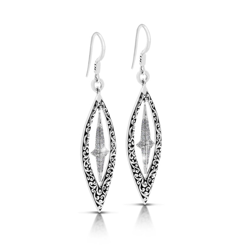 White Diamond Star Bright Hanging Marquise LH Scroll Earrings
