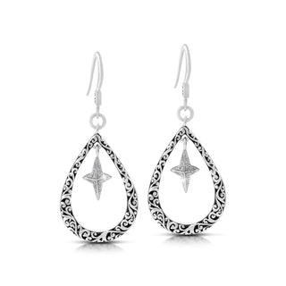 White Diamond Star Bright Hanging Teardrop LH Scroll Drop Earrings