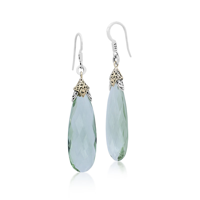 Green Amethyst Long Bulb with 18K Gold Scroll Accent Top Earrings