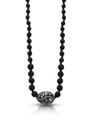 Oval Brown Diamond Open Scroll Pendant Bead with Matte Black Onyx Necklace (18")