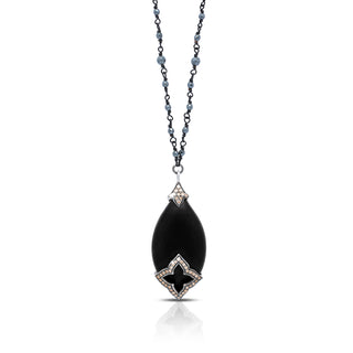Matte Black Onyx Long Teardrop and Brown Diamond with Wire-Wrapped Hematite Chain (17-20")