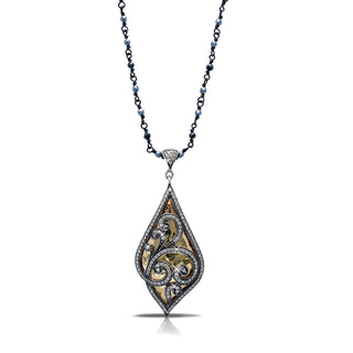 18K Gold Brown Diamond Scroll Marquise Pendant with Wire-Wrapped Spinel & Hemmatite Chain (17-20'')