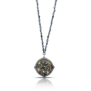 18K Gold Brown Diamond Scroll Cushion Marquise Pendant with Wire-Wrapped Spinel & Hematite Chain (17-20")