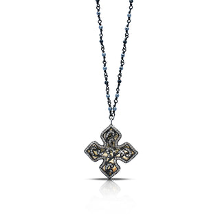 18K Gold Brown Diamond Scroll Stylist Cross Pendant with Wire-Wrapped Spinel & Hematite Chain (17-20")