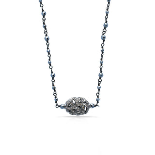 Oval Brown Diamond Open Scroll Pendant with Wire-Wrapped Hematite Chain (17-20")