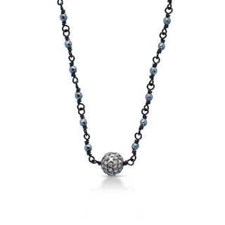 Paved Oval Brown Diamond Bead Pendant with Wire-Wrapped Hematite Chain (17-20")