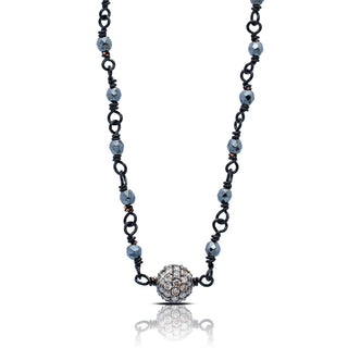 Oval Brown Diamond Open Scroll Pendant with Wire-Wrapped Hematite Chain (17-20")