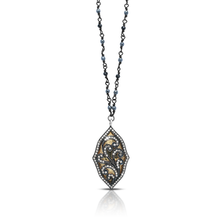 18K Gold Brown Diamond Scroll Marquise Pendant with Wire-Wrapped Spinel & Hematite Chain (17-20")