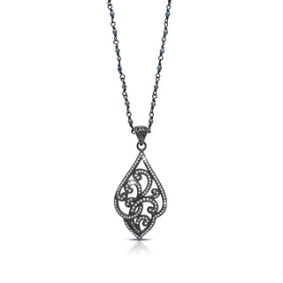 Brown Diamond Open Scroll Style Marquise Pendant with Wire-Wrapped Hematite Chain (17-20'')