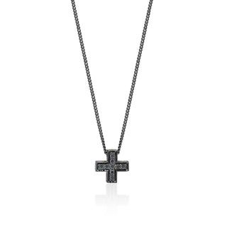 Small Black Diamond Cross Sign in Black Rhodium Plated Sterling Silver Necklace