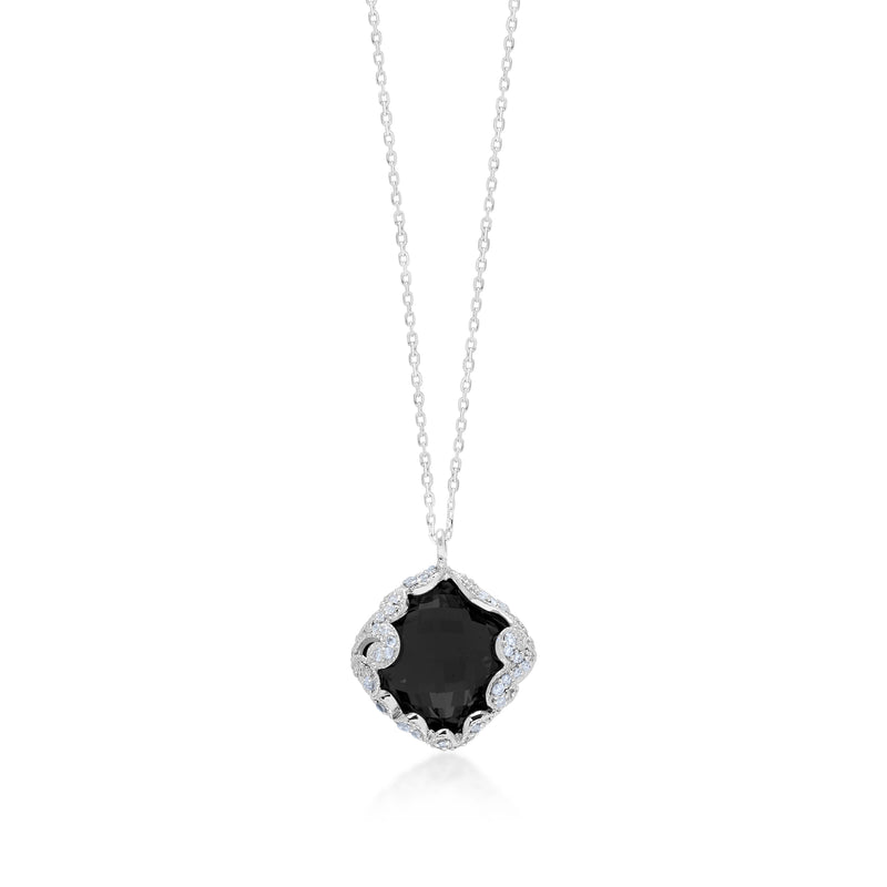 White Diamond Cushion Black Onyx Pendant with LH Open Scroll Necklace