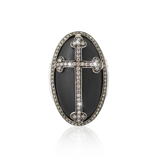 Brown Diamond (0.62 CT) Maltese Cross and Halo on Oval Black Onyx with Classic Signature Lois Hill Scroll Ring (18mm*30mm)