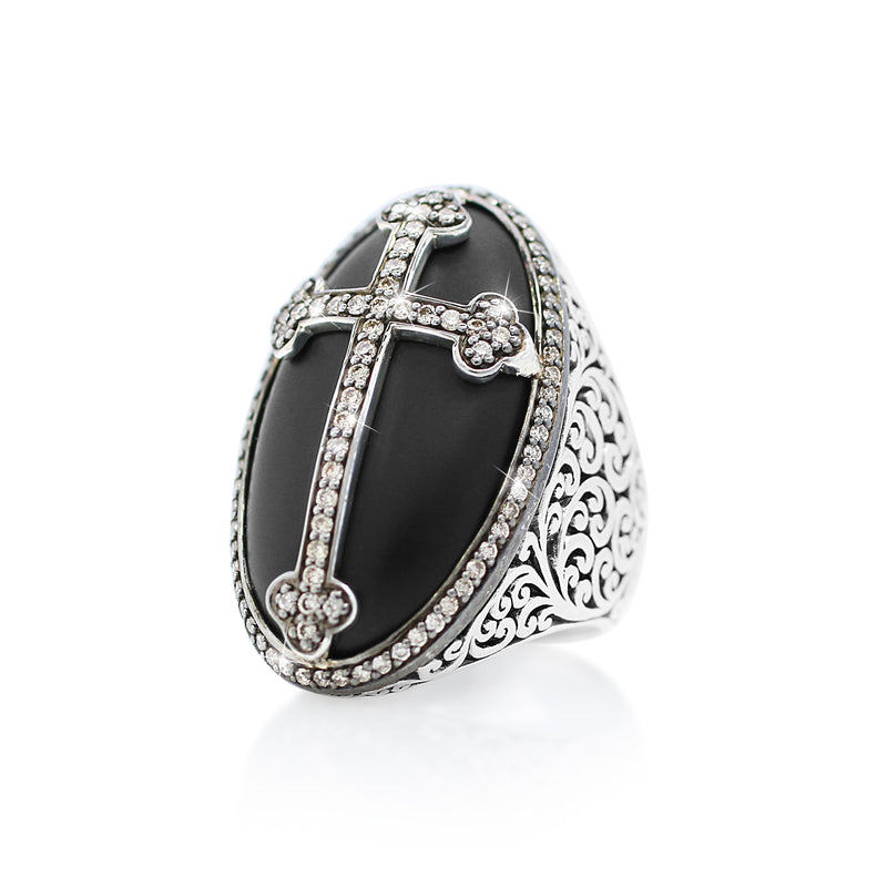 Brown Diamond (0.62 CT) Maltese Cross and Halo on Oval Black Onyx with Classic Signature Lois Hill Scroll Ring (18mm*30mm)