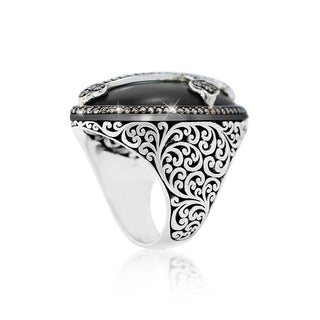 Brown Diamond (0.62 CT) Maltese Cross and Halo on Oval Black Onyx with Classic Signature Lois Hill Scroll Ring (18mm*30mm)
