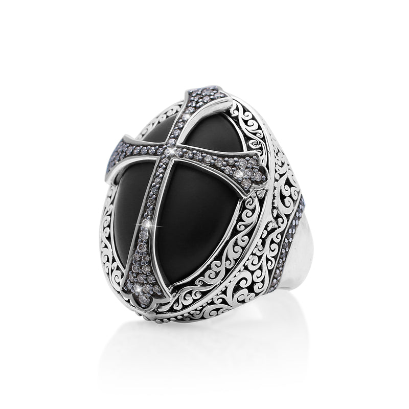 Cross Brown Diamond & Oval Matte Black Onyx Cross Cocktail Ring