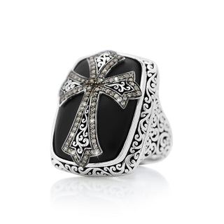 Large Cross Brown Diamond, Matte Black Onyx Cocktail Ring