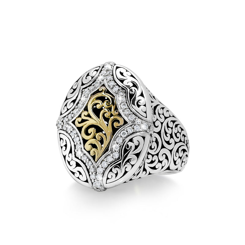 18K Gold Center and Diamond (0.20 CT) Outline with Classic Signature Lois Hill Sterling Silver Scroll Ring (16mm*21mm)