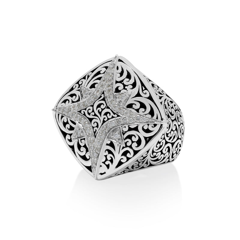 Classic Signature Scroll Cushion-Shaped with Diamonds Starburst Ring