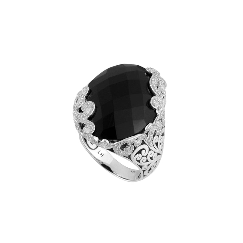 White Diamond Oval Black Onyx with LH Scroll Cocktail Ring